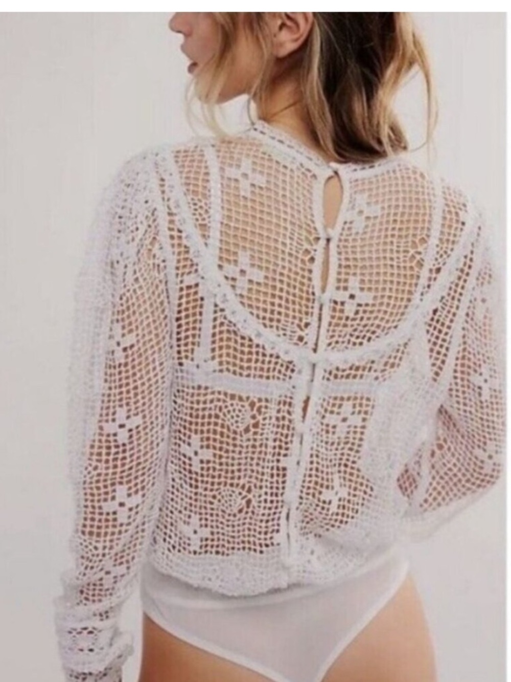 Free People Intimately 70s style Crochet Long-Sleeve Sheer Bodysuit - Picture 3 of 11